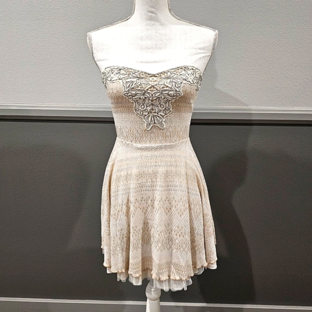 FREE PEOPLE PARTY DRESS | Strapless Lace Applique Mini Dress XS